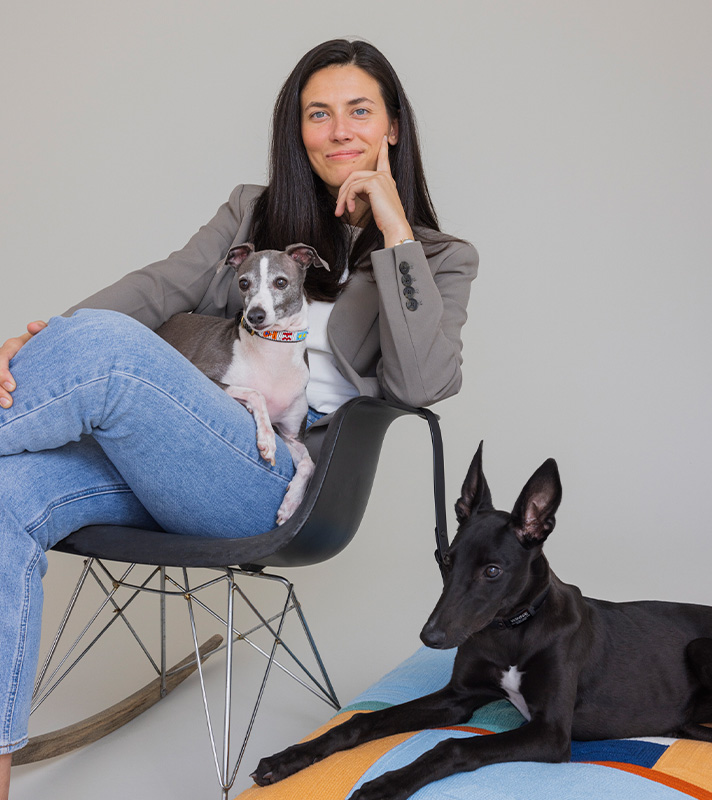Katie Spies, founder and chief executive officer of Maev, with her two dogs, George and Winnie.